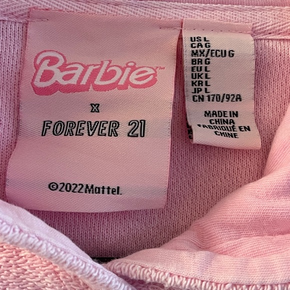 Barbie X Forever 21 Women's Large Pink Pullover Hoodie Sweatshirt Cropped - Picture 3 of 5